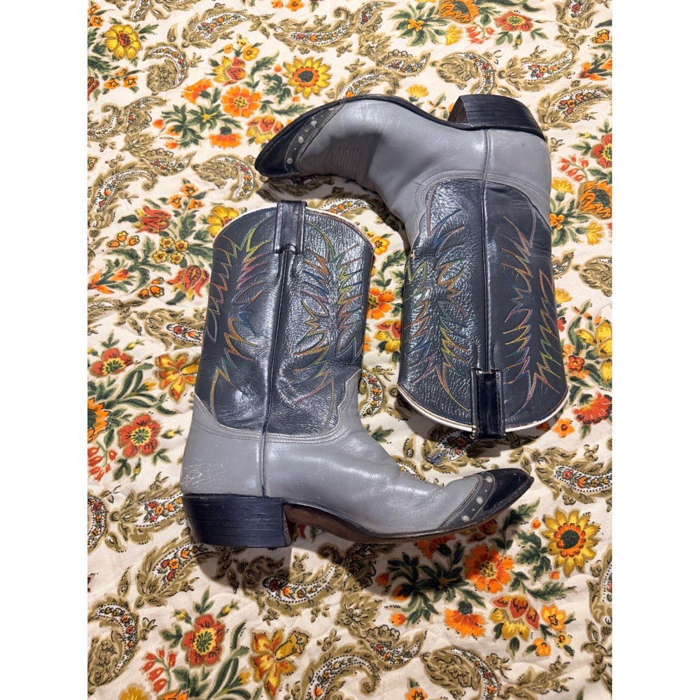 Nocona Vintage Western Boots Grey Black Rainbow Stitch Leather USA Made - 8